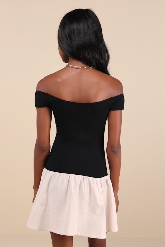 Yael Black and Beige Off-the-Shoulder Drop Waist Mini Dress 3