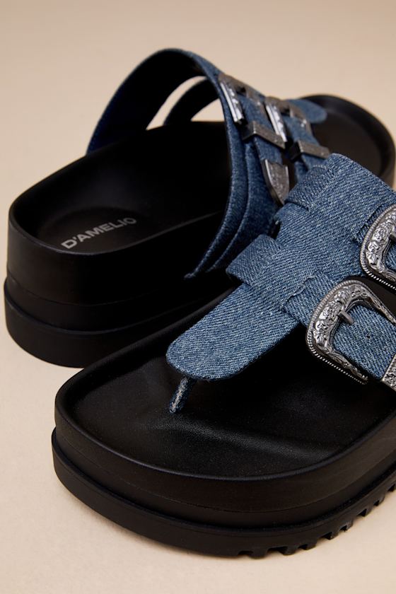 D'amelio Footwear Nyra Blue Jean Denim Thong Buckle Flatform Sandals In Blue