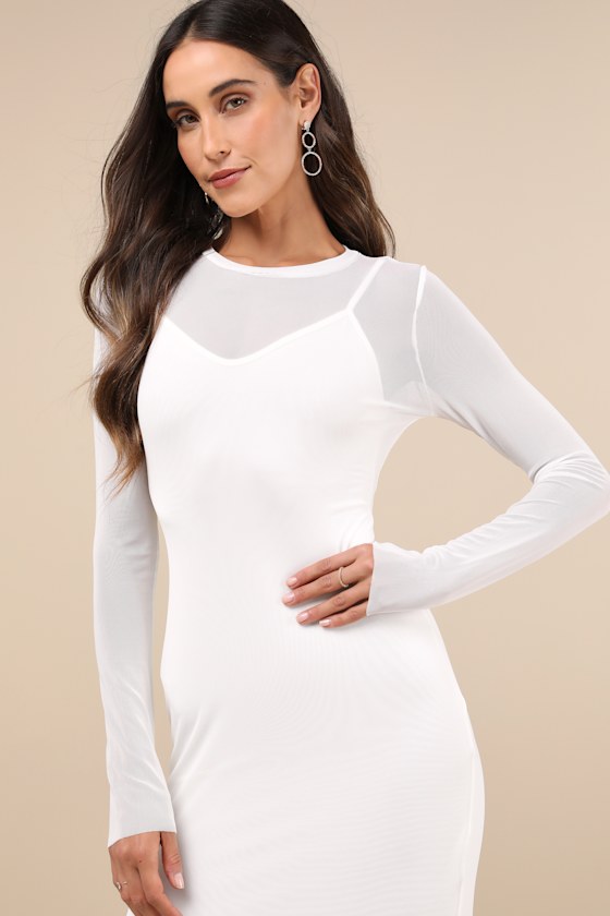 Shop Lulus Perfect Plans Ivory Sheer Mesh Long Sleeve Bodycon Midi Dress