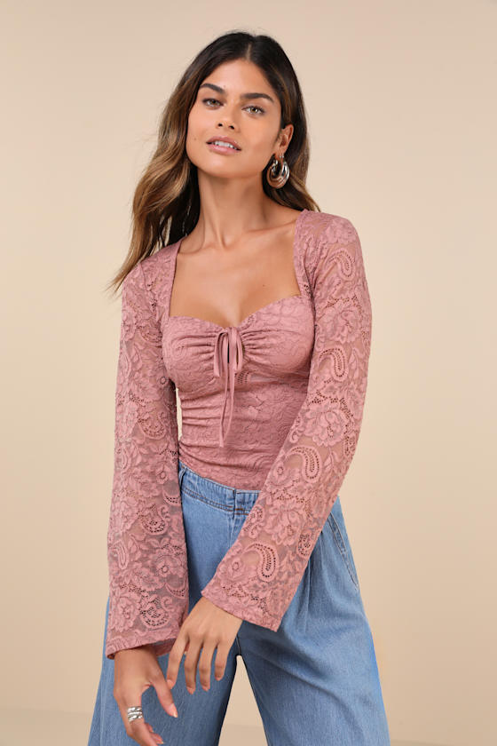 LULUS POSH OPTION MAUVE LACE KEYHOLE LONG SLEEVE TOP