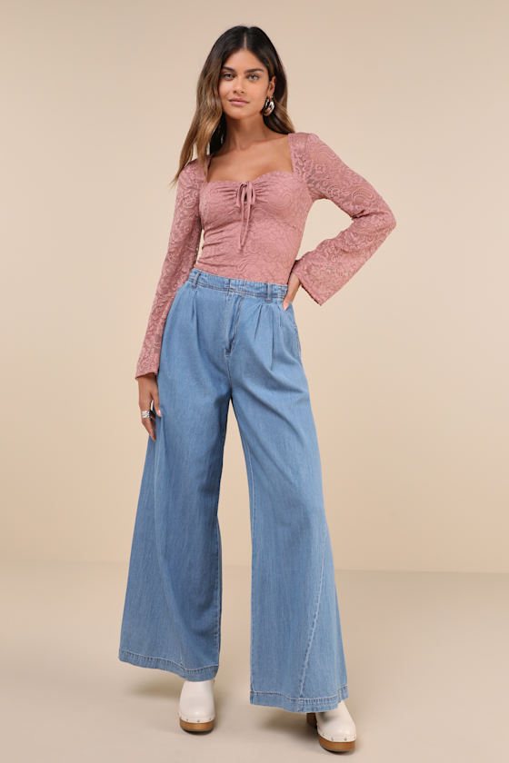 LULUS POSH OPTION MAUVE LACE KEYHOLE LONG SLEEVE TOP