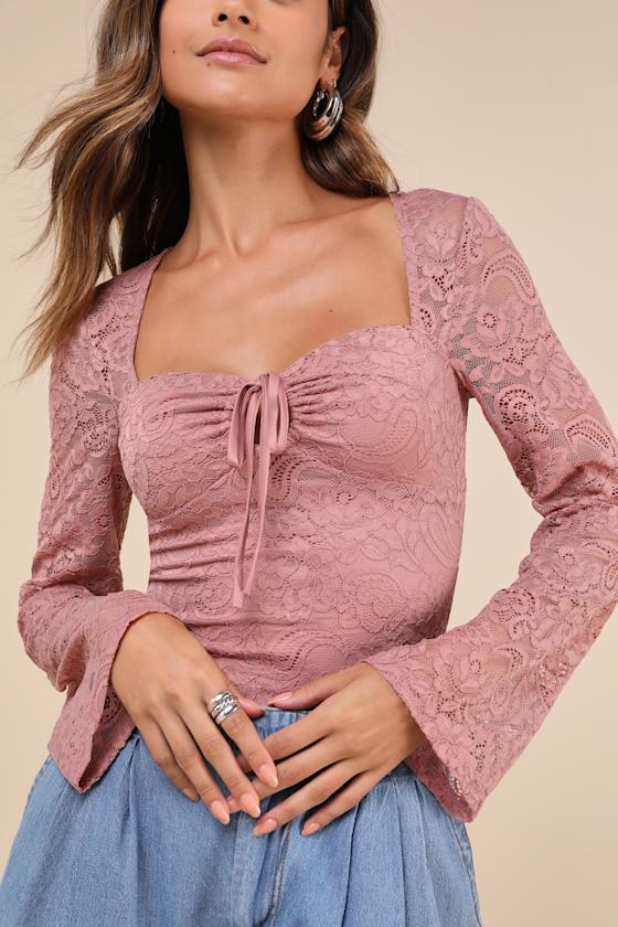 LULUS POSH OPTION MAUVE LACE KEYHOLE LONG SLEEVE TOP