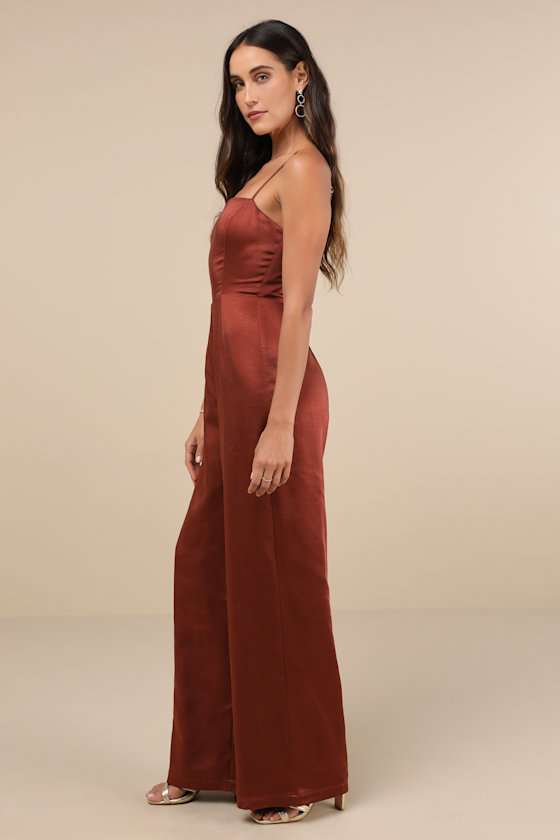 Lulus Stylish Brilliance Rust Satin Sleeveless Wide-leg Jumpsuit In Brown
