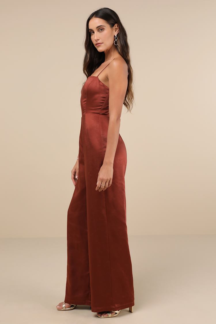 Stylish Brilliance Rust Satin Sleeveless Wide-Leg Jumpsuit