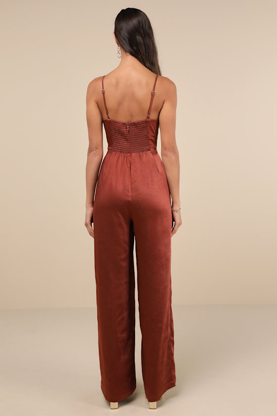 Lulus Stylish Brilliance Rust Satin Sleeveless Wide-leg Jumpsuit In Brown