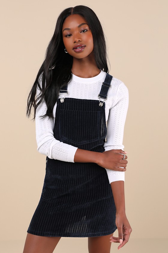 Sweet Reputation Navy Corduroy Overall Mini Dress With Pockets 1