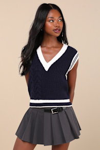 Collegiate Charm Navy Blue and Ivory Sweater Vest Top