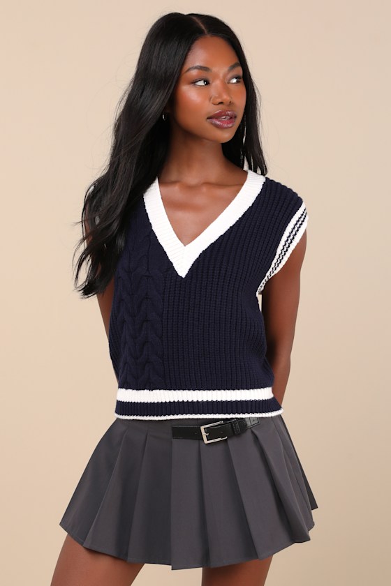 Collegiate Charm Navy Blue and Ivory Sweater Vest Top 1