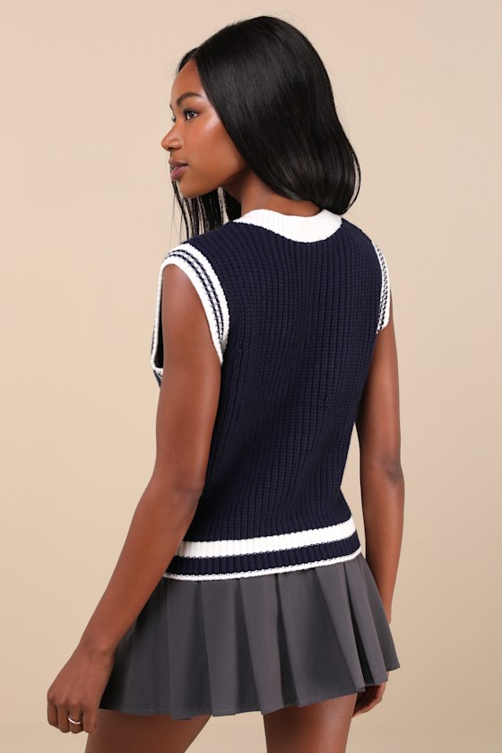 Collegiate Charm Navy Blue and Ivory Sweater Vest Top 2