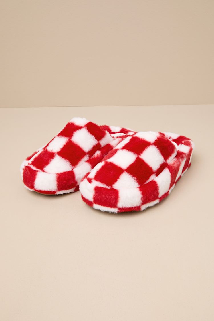 Socozee Red and White Checkered Faux Fur Flatform Slippers