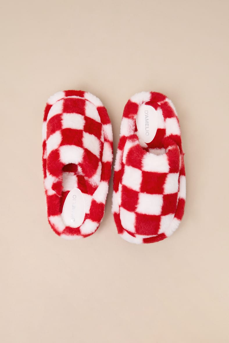 Socozee Red and White Checkered Faux Fur Flatform Slippers