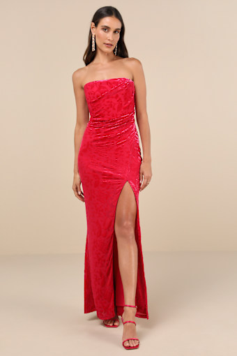 Fabulous Darling Fuchsia Burnout Velvet Strapless Maxi Dress 1