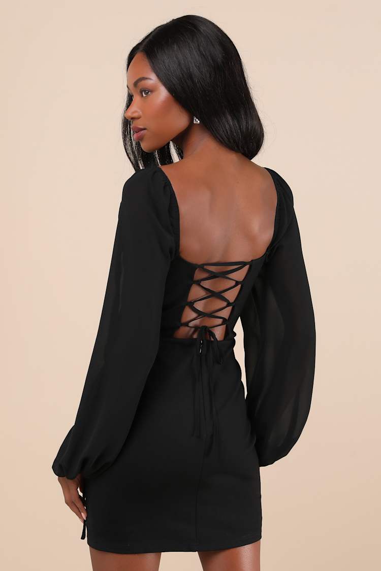 Black Lace-Up Dress - Balloon Sleeve Mini Dress - Mini Dress - Lulus