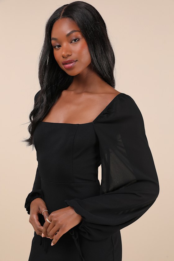 Lulus Delightful Love Black Lace-up Balloon Sleeve Mini Dress In Black