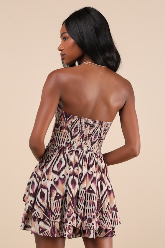 Carefree Energy Taupe Boho Print Lace-Up Strapless Tiered Romper 3