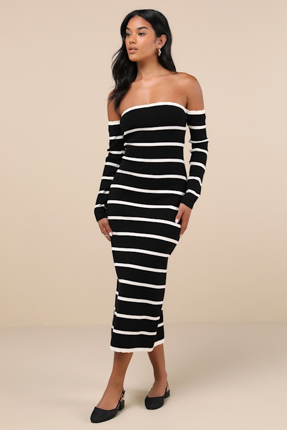 Chicest Side Black Striped Off-the-Shoulder Midi Sweater Dress 2