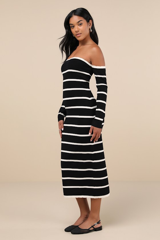 Lulus Chicest Side Black Striped Off-the-shoulder Midi Sweater Dress In Black
