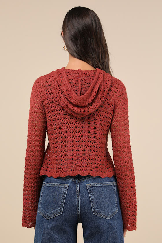 Lulus Stellar Sweetie Rust Pointelle Knit Hooded Sweater Top In Red