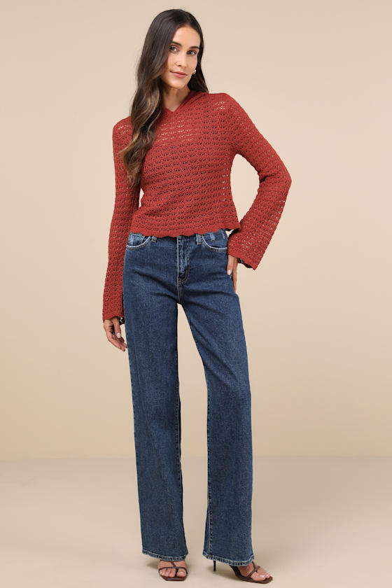 Lulus Stellar Sweetie Rust Pointelle Knit Hooded Sweater Top In Red