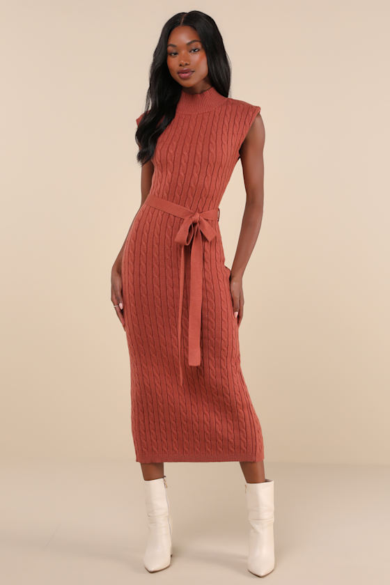 Rust Orange Cable Knit Dress - Mock Neck Dress - Midi Dress - Lulus