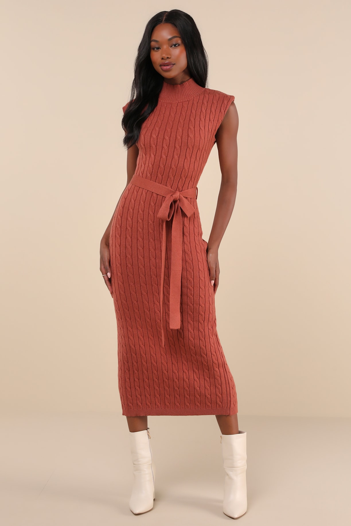 Seasonal Grace Rust Orange Cable Knit Mock Neck Midi Dress