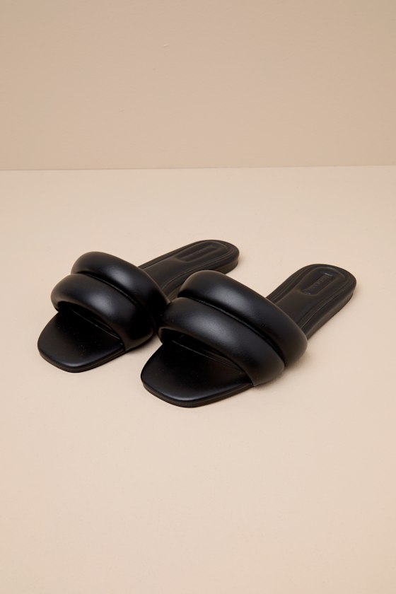 Kovella Black Faux Leather Flat Slide Sandals