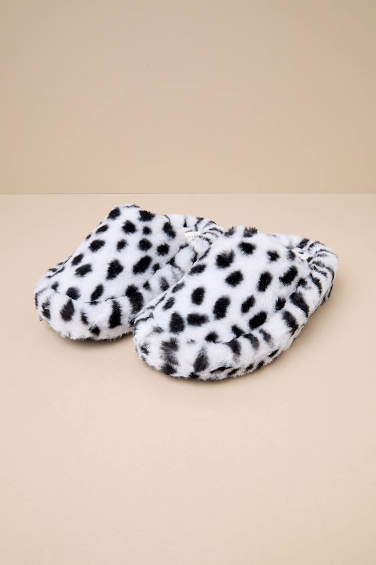 Socozee White and Black Spotted Faux Fur Flatform Slippers