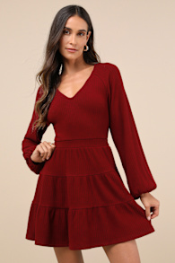 Adorable Option Wine Red Long Sleeve Mini Sweater Dress 1