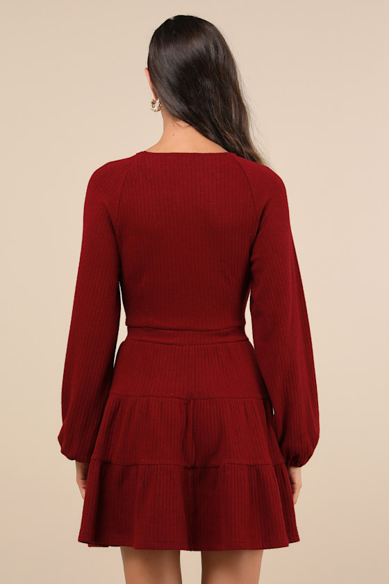Adorable Option Wine Red Long Sleeve Mini Sweater Dress 2