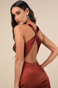 Purely Elegant Rust Brown Satin Twist-Back Maxi Dress 1