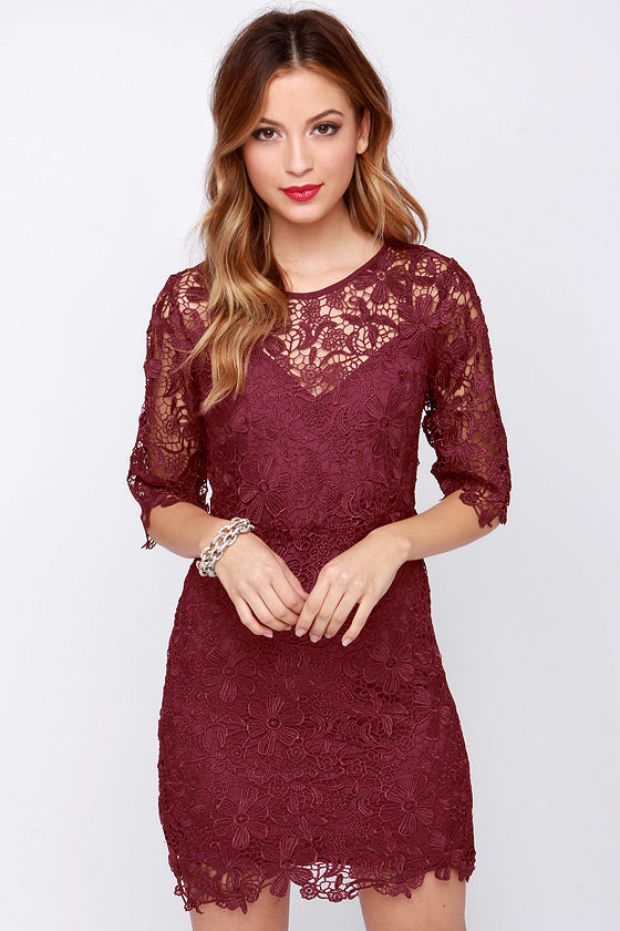 burgundy lace sheath dress