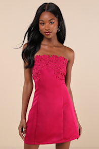 Unforgettable Icon Magenta Satin Strapless Floral Mini Dress 1