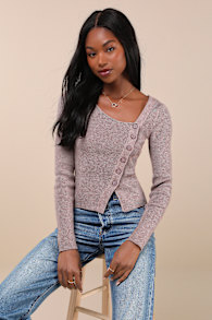 Modern Status Taupe Marled Asymmetrical Button-Front Sweater Top 1