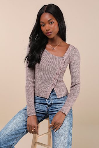 Modern Status Taupe Marled Asymmetrical Button-Front Sweater Top 1
