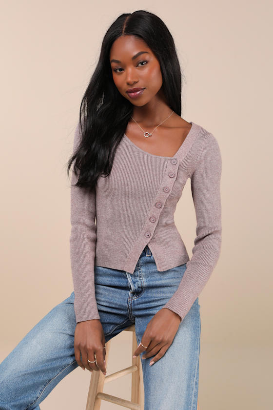 Modern Status Taupe Marled Asymmetrical Button-Front Sweater Top 1