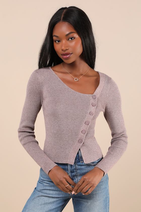 Modern Status Taupe Marled Asymmetrical Button-Front Sweater Top 2