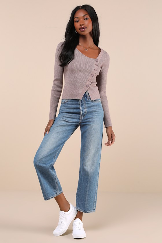 Lulus Modern Status Taupe Marled Asymmetrical Button-front Sweater Top In Taupe