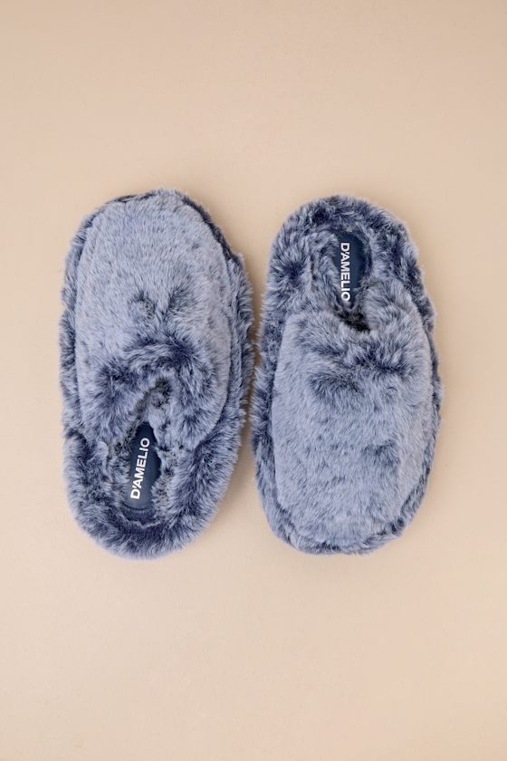 D'amelio Footwear Socozee Navy And White Faux Fur Flatform Slippers In Navy