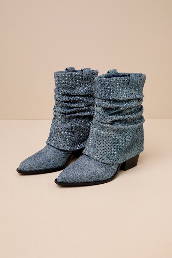 D'amelio Footwear Savella Day To Night Denim Rhinestone Slouchy Western Booties In Blue