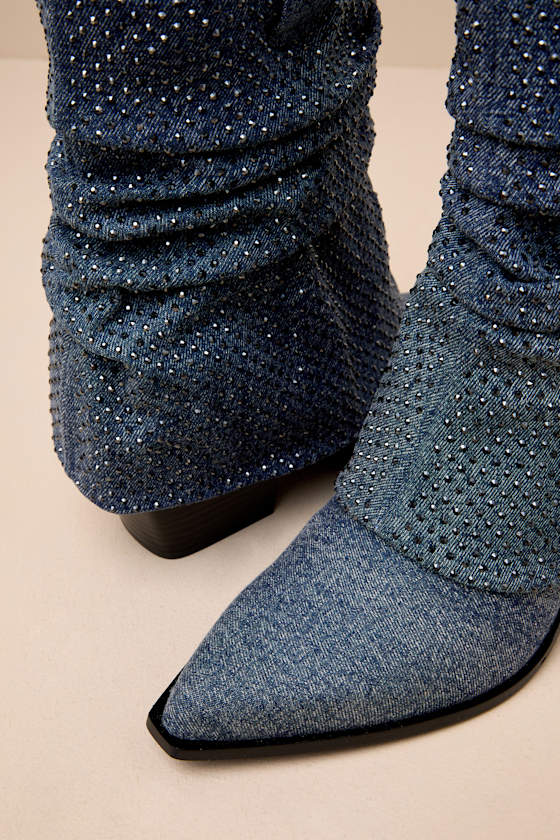 D'amelio Footwear Savella Day To Night Denim Rhinestone Slouchy Western Booties In Blue