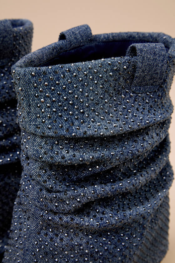 D'amelio Footwear Savella Day To Night Denim Rhinestone Slouchy Western Booties In Blue