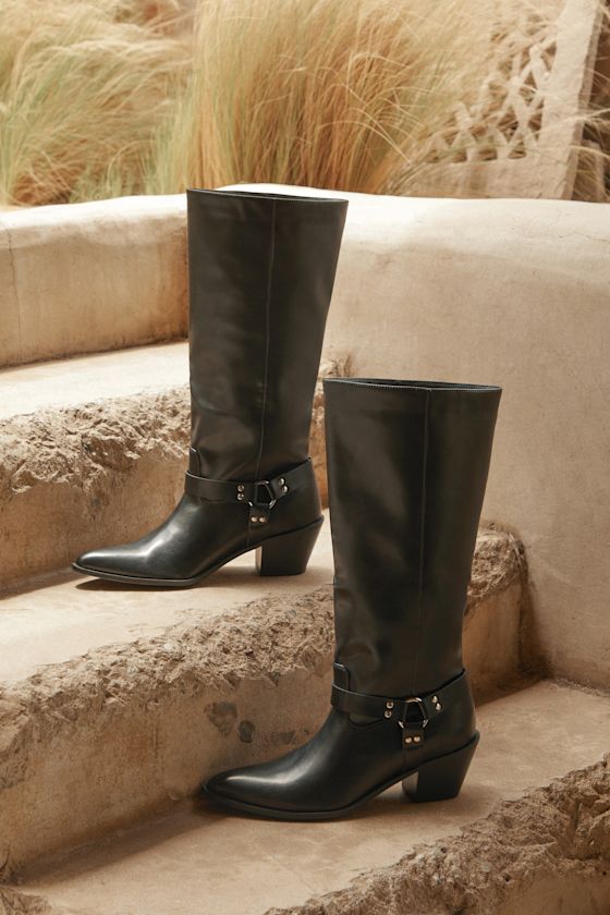 Lulus Assia Black Slip-on Knee-high Moto Boots In Black