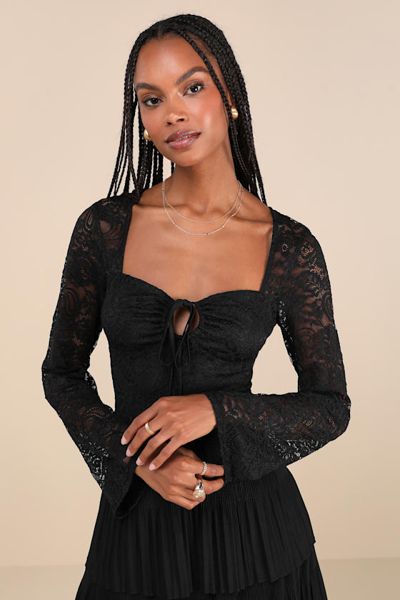 Lulus Posh Option Black Lace Keyhole Long Sleeve Top In Black