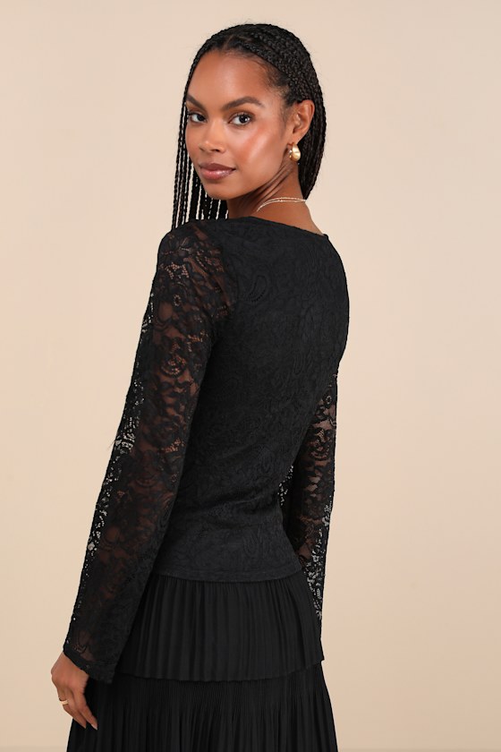 Lulus Posh Option Black Lace Keyhole Long Sleeve Top In Black