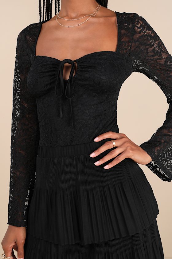 Lulus Posh Option Black Lace Keyhole Long Sleeve Top In Black