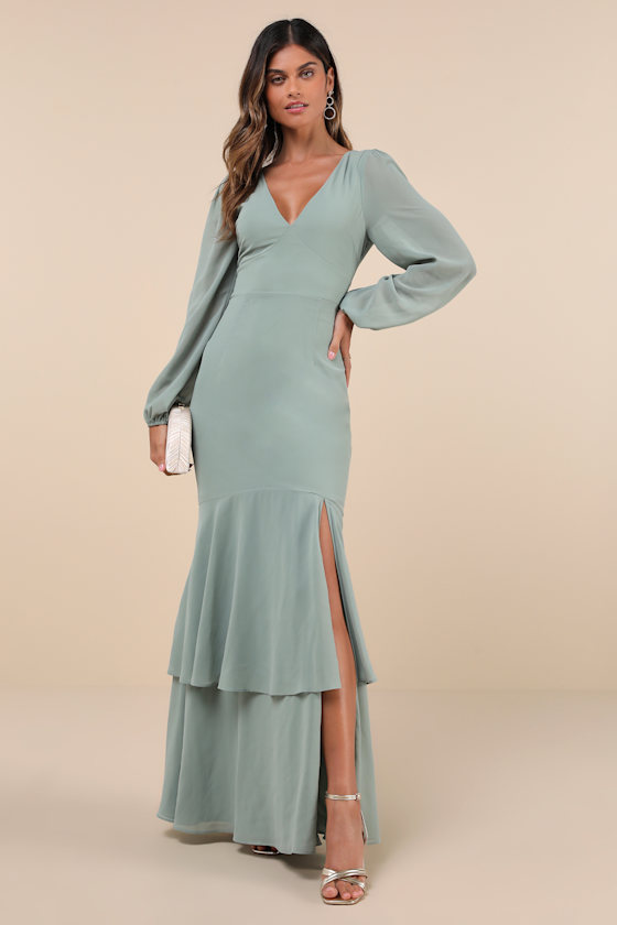 Lulus Tier Elegance Sage Brush Long Sleeve Tiered Maxi Dress In Green