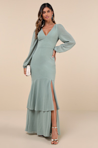 Tier Elegance Sage Brush Long Sleeve Tiered Maxi Dress 1