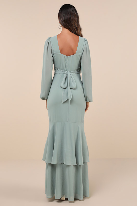 Lulus Tier Elegance Sage Brush Long Sleeve Tiered Maxi Dress In Green