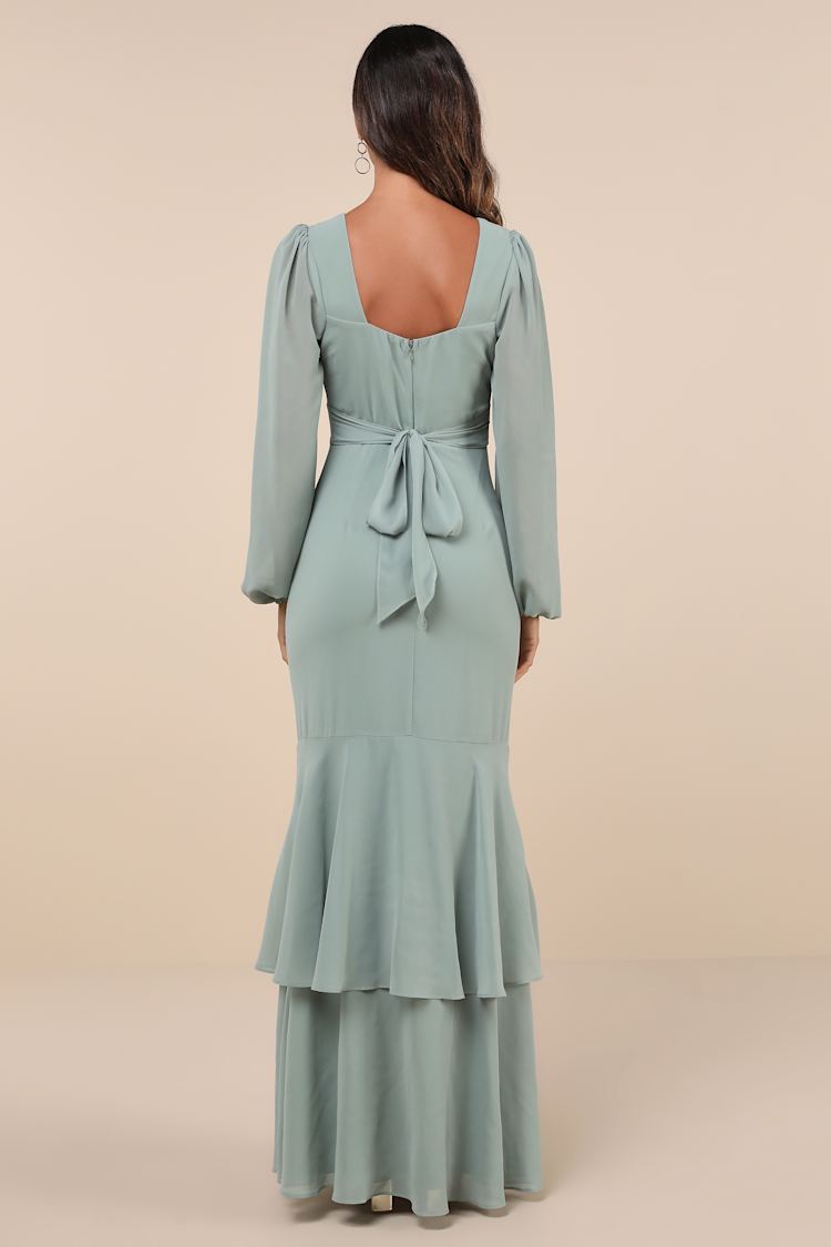 Tier Elegance Sage Brush Long Sleeve Tiered Maxi Dress