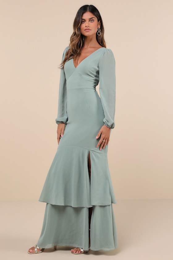 Lulus Tier Elegance Sage Brush Long Sleeve Tiered Maxi Dress In Green
